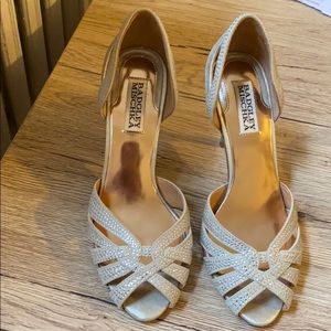 Badgley Mischka crisscross embellished peep toe heel pumps